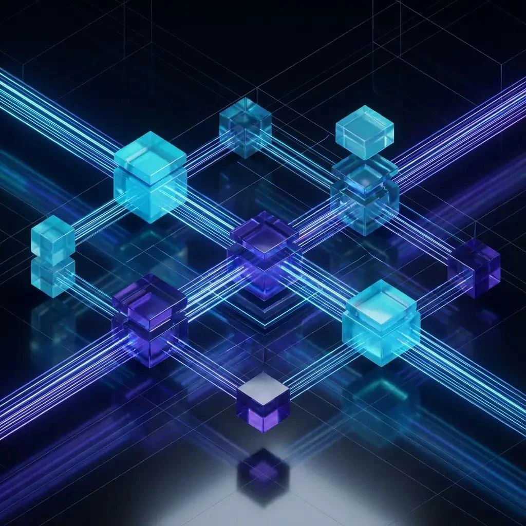 Glowing geometric nodes connected by luminous blue and violet pathways, a conceptual view of distributed storage
