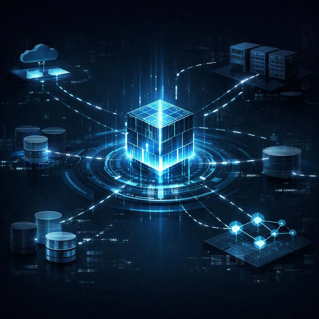 A glowing central data structure connected conceptually to cloud services, databases, storage and distributed nodes