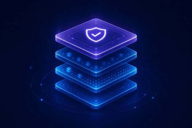 A stack of luminous data layers topped by a shield symbol, representing integrity and traceability objectives